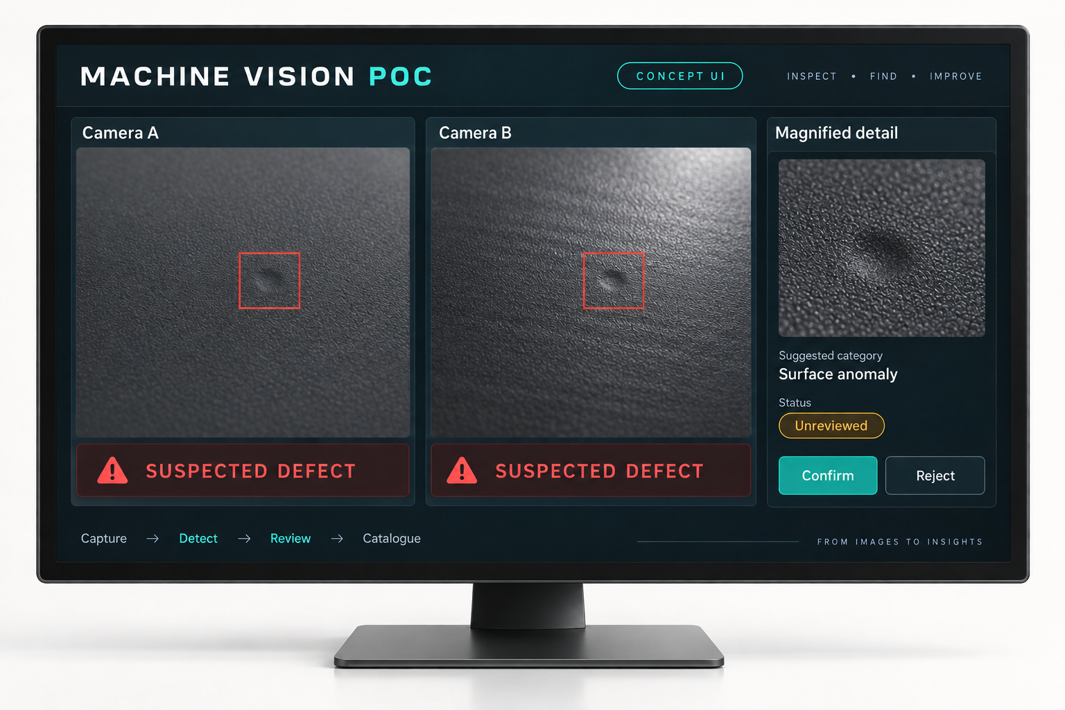 Illustrated monitor showing two membrane images, a small shallow surface imperfection marked by red bounding boxes, a magnified detail and human review controls.