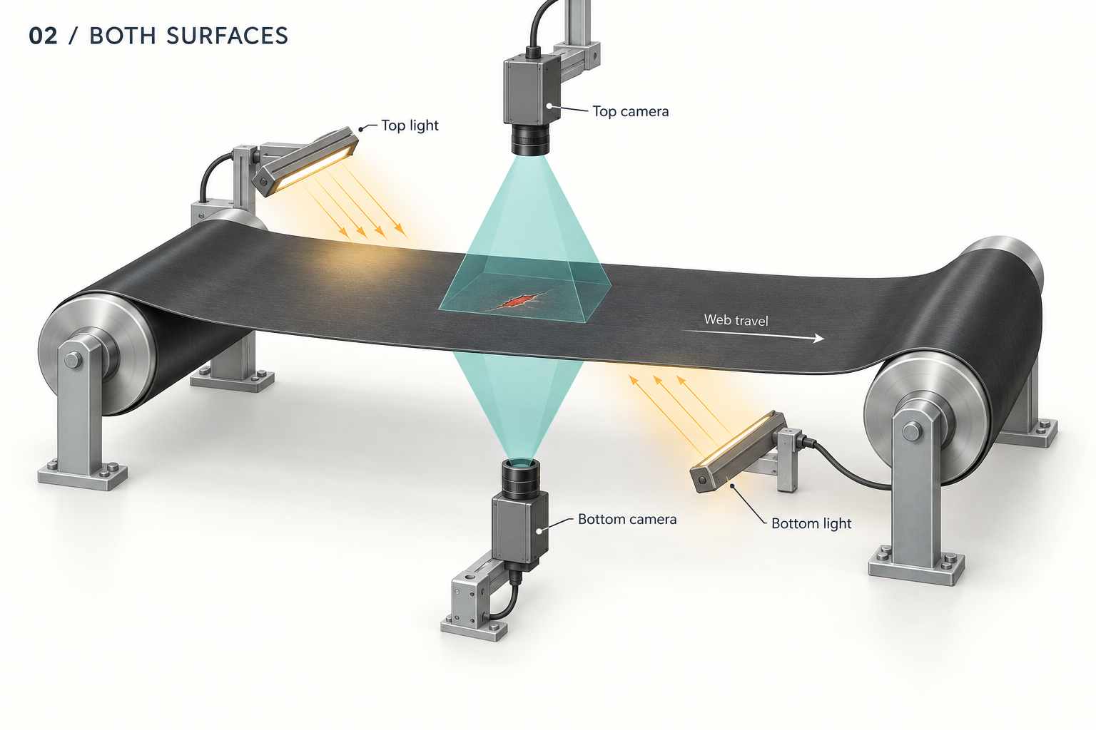 One camera and light above the membrane and another camera and light below inspect opposite surfaces across an open span between rollers.